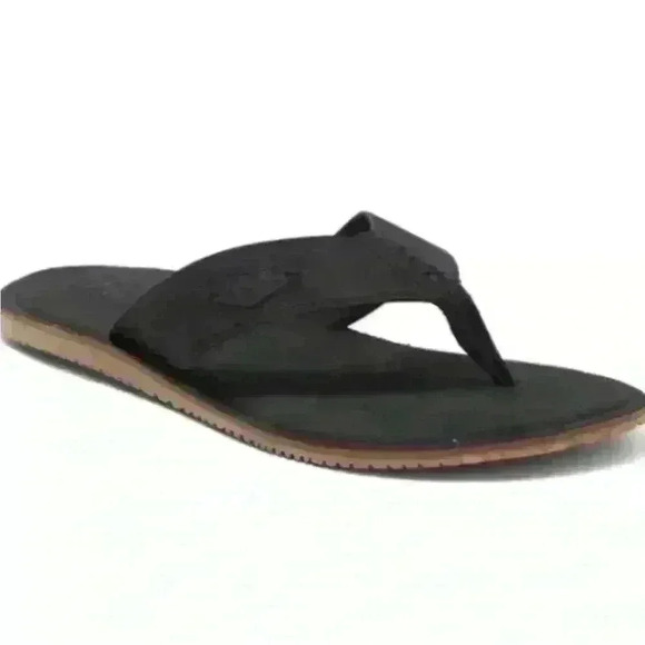 Flojos NWT Bayou Faux Leather Patch Logo Strap Black Sandals Men’s Size 8 New - Picture 2 of 5